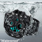 Alcom Distribution waterproof chronograph sports watch submerged in water with digital display