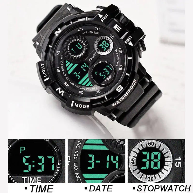 Alcom Distribution waterproof chronograph sports watch with digital display and rugged black design