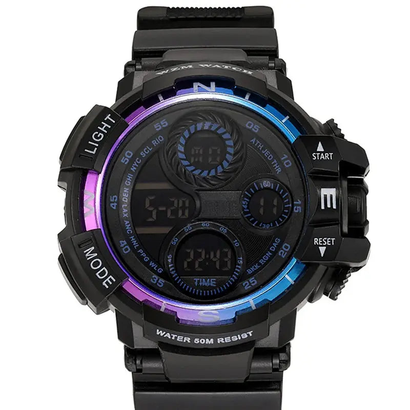 Alcom Distribution waterproof chronograph sports watch with digital display and black strap