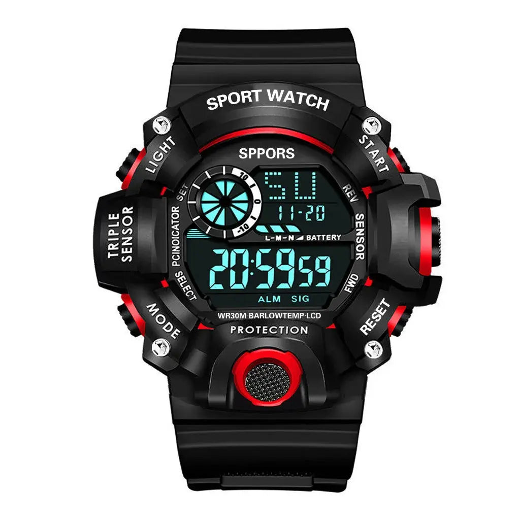 Alcom Distribution waterproof chronograph sports watch in black with digital display and red accents