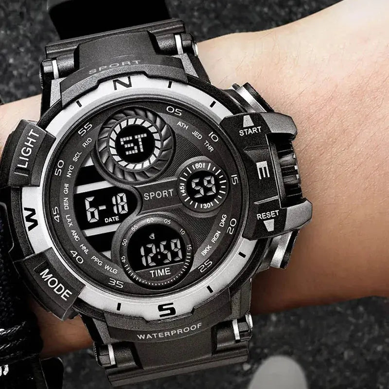 Alcom Distribution waterproof chronograph sports watch with black digital and analog display on wrist