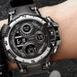 Alcom Distribution waterproof chronograph sports watch with black digital and analog display on wrist