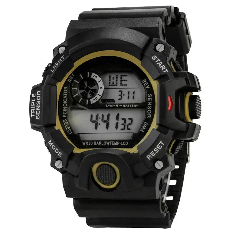 Alcom Distribution waterproof chronograph sports watch with digital display and black rugged design