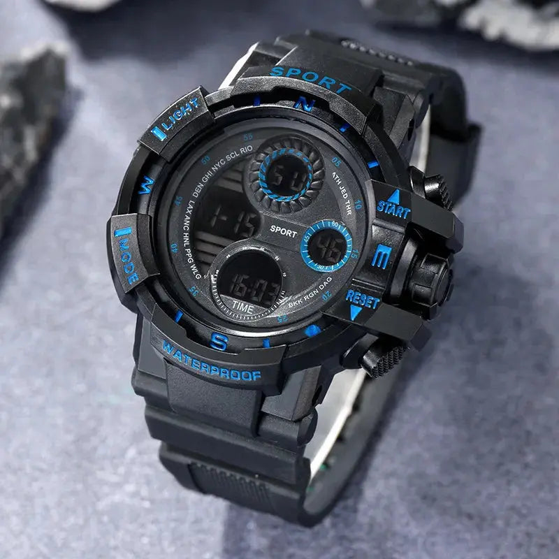 Alcom Distribution waterproof chronograph sports watch in black with blue accents and digital display