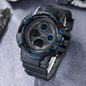 Alcom Distribution waterproof chronograph sports watch in black with blue accents and digital display