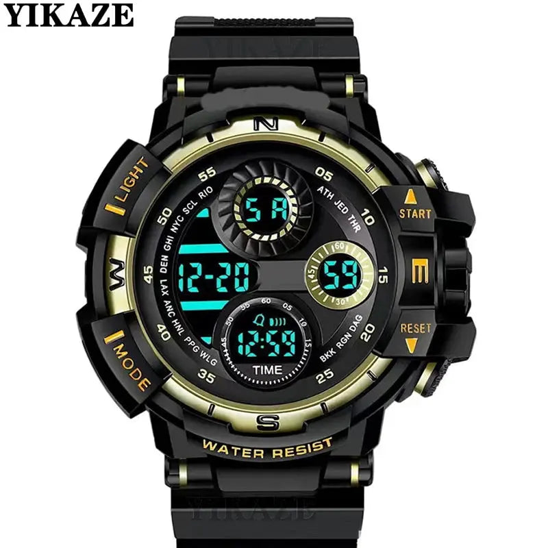 Alcom Distribution waterproof chronograph sports watch with black and gold design and digital display