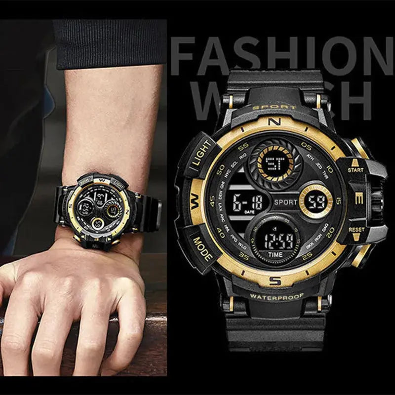 Waterproof chronograph sports watch by Alcom Distribution with black and gold design on wrist