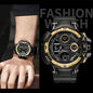 Waterproof chronograph sports watch by Alcom Distribution with black and gold design on wrist