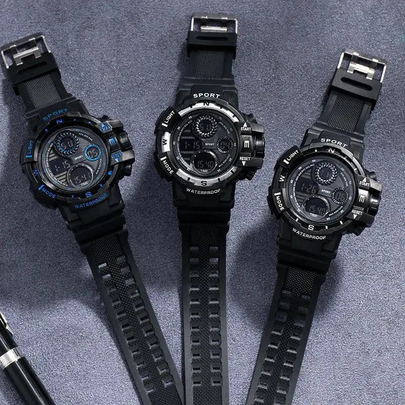 Alcom Distribution waterproof chronograph sports watch with black bands and digital analog display