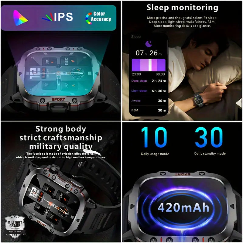 Alcom Distribution waterproof fitness smartwatch with IPS color accuracy, sleep monitoring, military-grade craftsmanship, and 420mAh battery