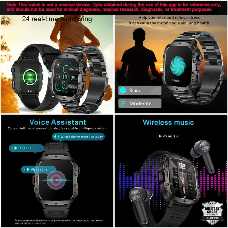 Alcom Distribution waterproof fitness smartwatch with metal and silicone bands showing health monitoring and voice assistant features