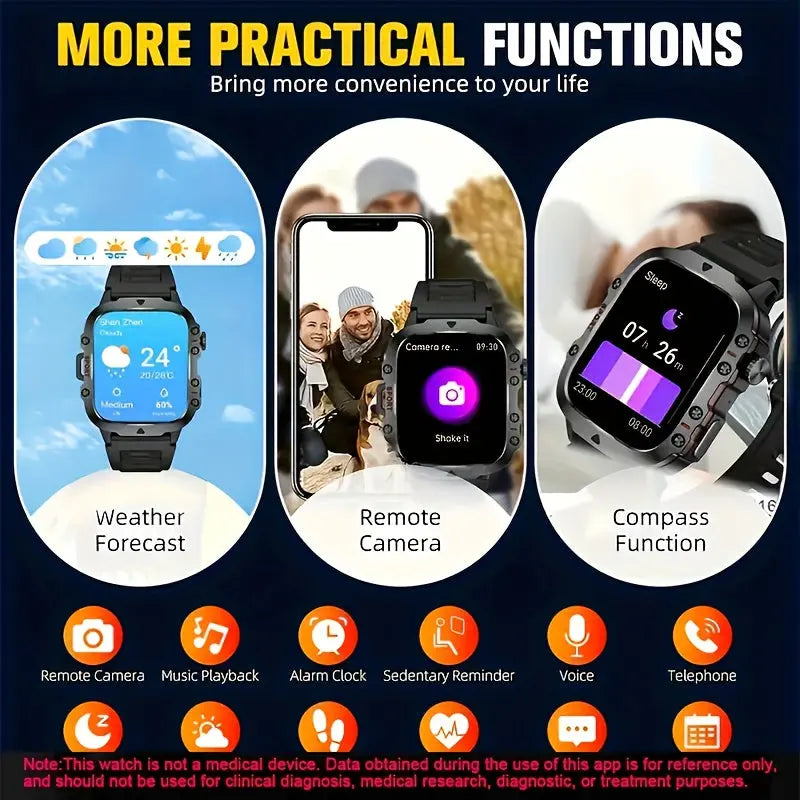 Alcom Distribution waterproof fitness smartwatch showing weather forecast remote camera and compass functions