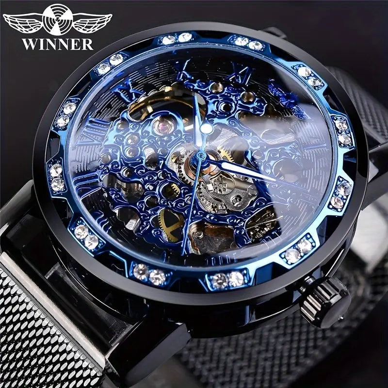 Mechanical fashion watch for men with blue skeleton dial and crystal-studded bezel by Alcom Distribution