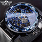 Mechanical fashion watch for men with blue skeleton dial and crystal-studded bezel by Alcom Distribution