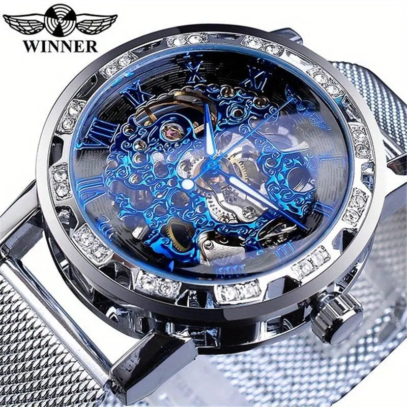 Winner mechanical fashion watch for men with blue skeleton dial and silver mesh band