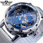 Winner mechanical fashion watch for men with blue skeleton dial and silver mesh band