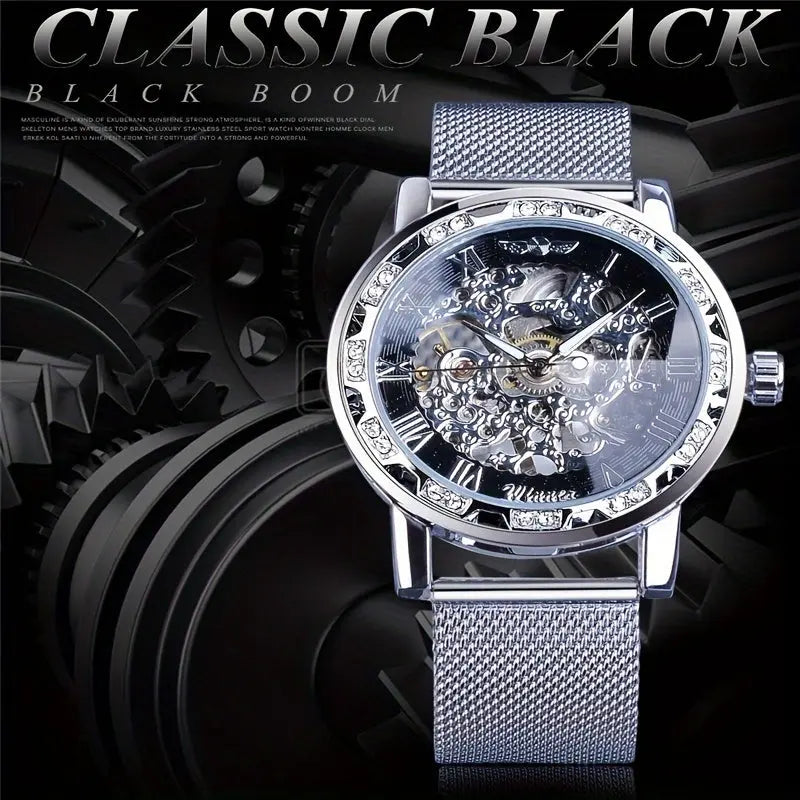 Mechanical fashion watch for men with silver mesh band and skeleton dial by Alcom Distribution
