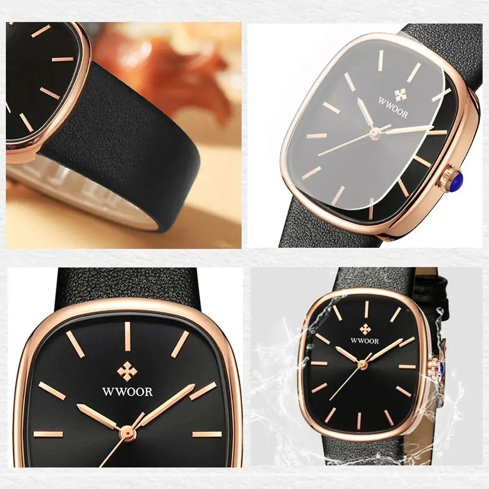 Elegant waterproof quartz watch by Alcom Distribution with black leather strap and rose gold case