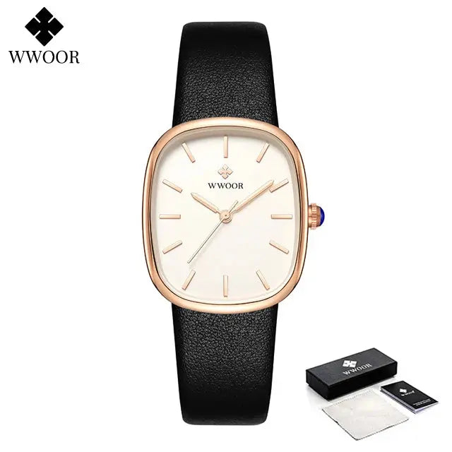 WWOOR elegant waterproof quartz watch with black leather strap and rose gold case by Alcom Distribution