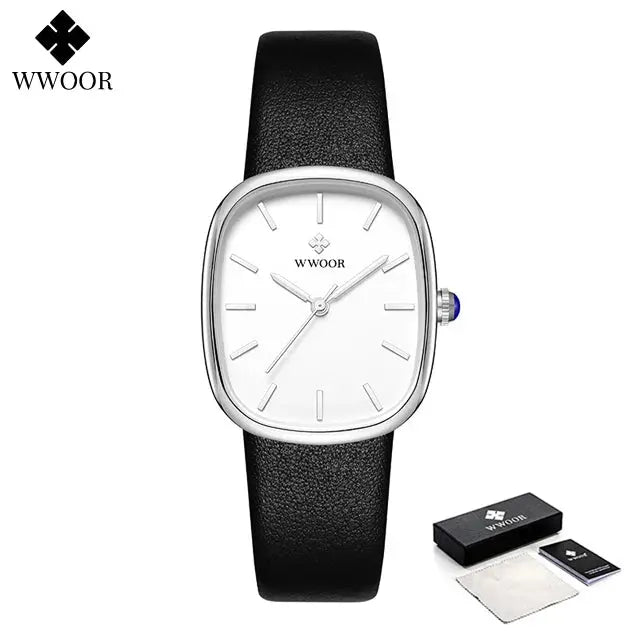 WWOOR elegant waterproof quartz watch with black leather strap and silver square case by Alcom Distribution