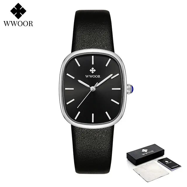 Elegant waterproof quartz watch by Alcom Distribution with black leather strap and sleek black dial