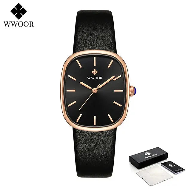 WWOOR elegant waterproof quartz watch with black leather strap and rose gold case