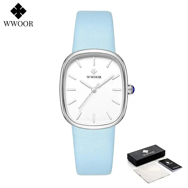 WWOOR elegant waterproof quartz watch with light blue strap and silver square case
