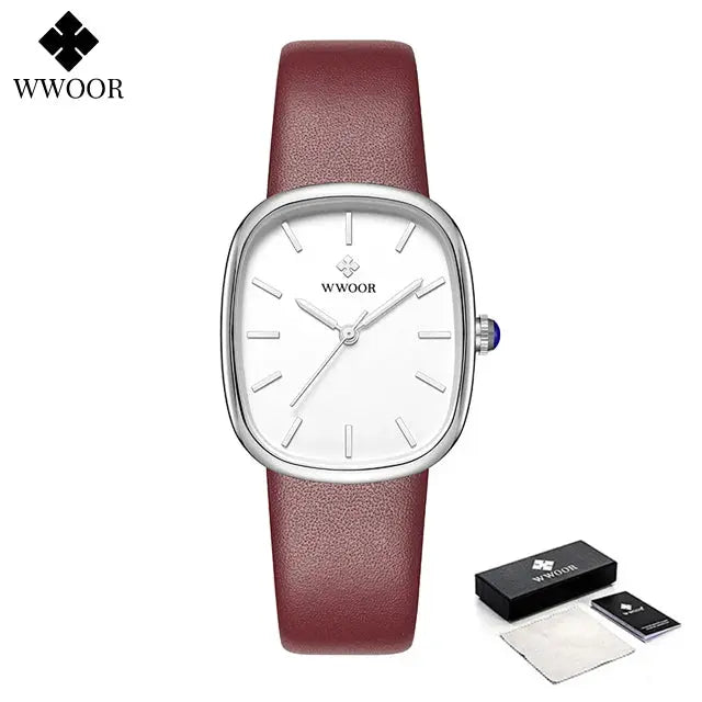 Elegant waterproof quartz watch by WWOOR with a white dial and maroon leather strap