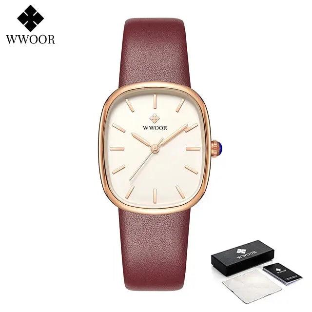 WWOOR elegant waterproof quartz watch with rose gold case and maroon leather strap from Alcom Distribution