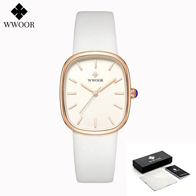 WWOOR elegant waterproof quartz watch with white leather strap and rose gold square case