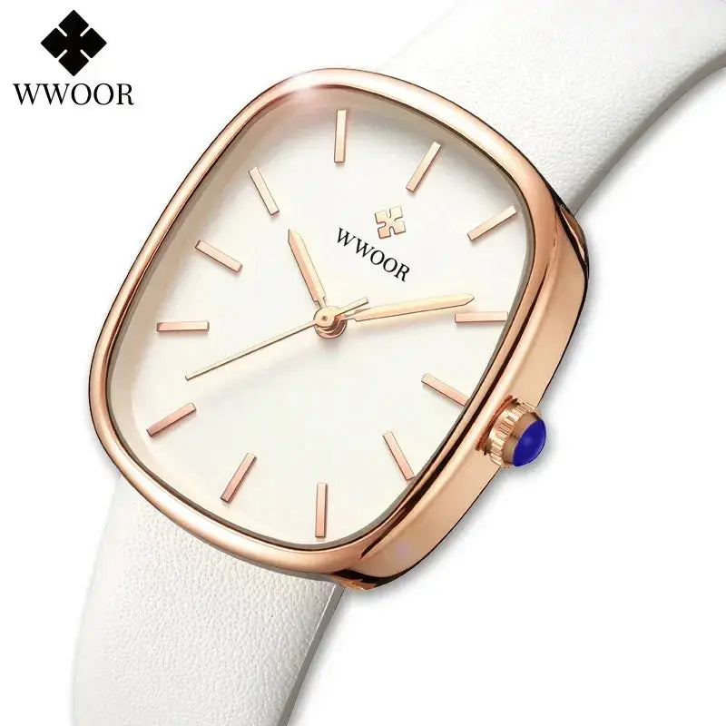 WWOOR elegant waterproof quartz watch with rose gold case and white leather strap by Alcom Distribution