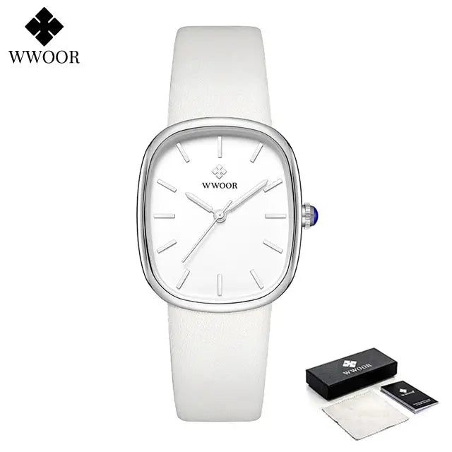 WWOOR elegant waterproof quartz watch with white leather strap and silver rectangular case