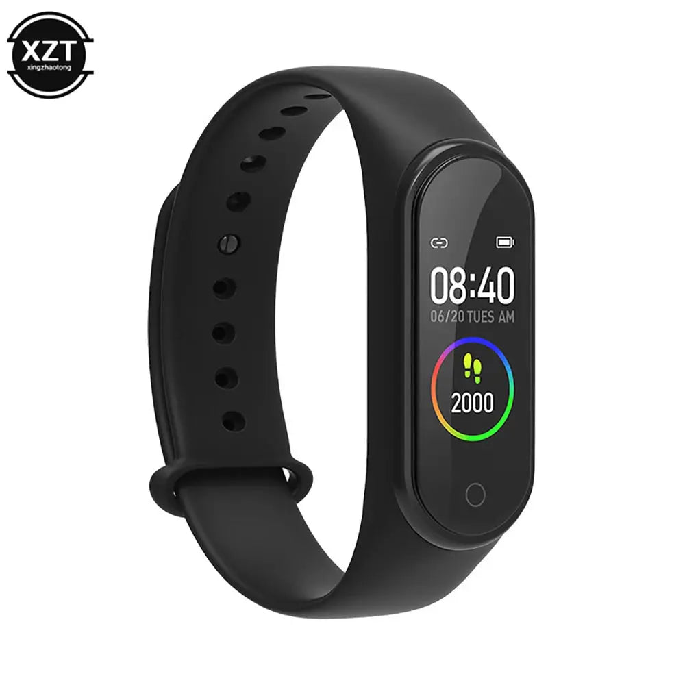 Affordable fitness tracker watch by Alcom Distribution with black band and colorful activity display