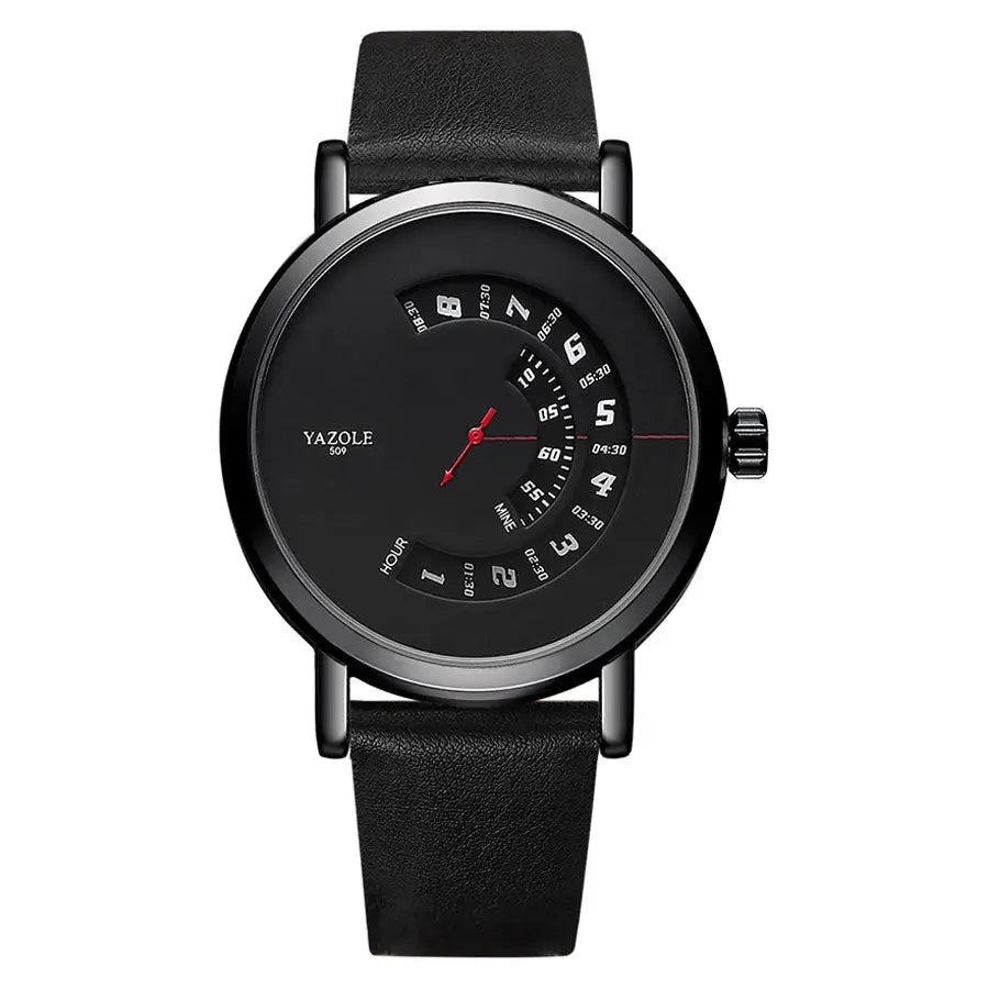 Yazole men's quartz watch with unique dial design and black leather strap by Alcom Distribution