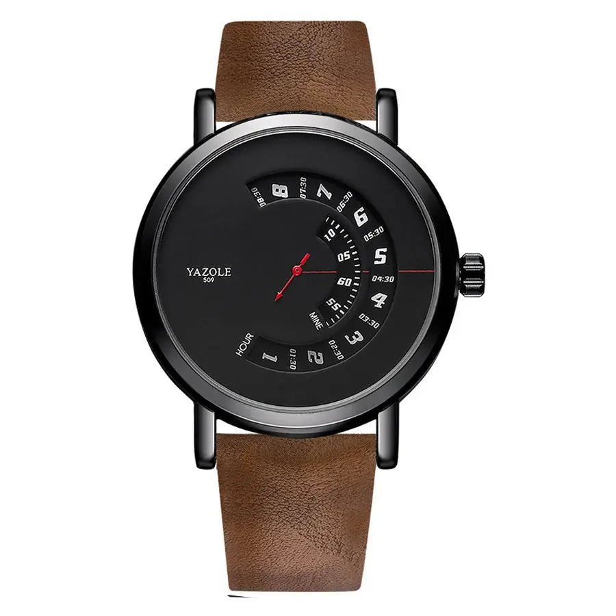 Yazole men's quartz watch with black dial spiral hour display and brown leather strap