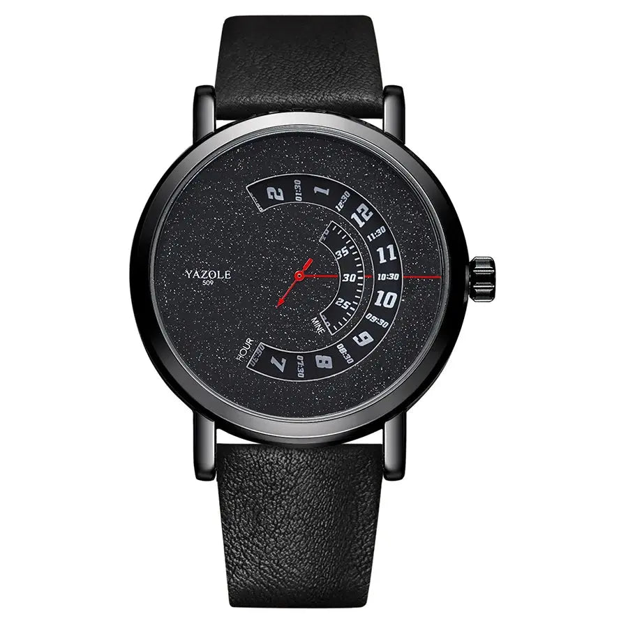 Yazole men's quartz watch with black leather strap and unique dial design by Alcom Distribution