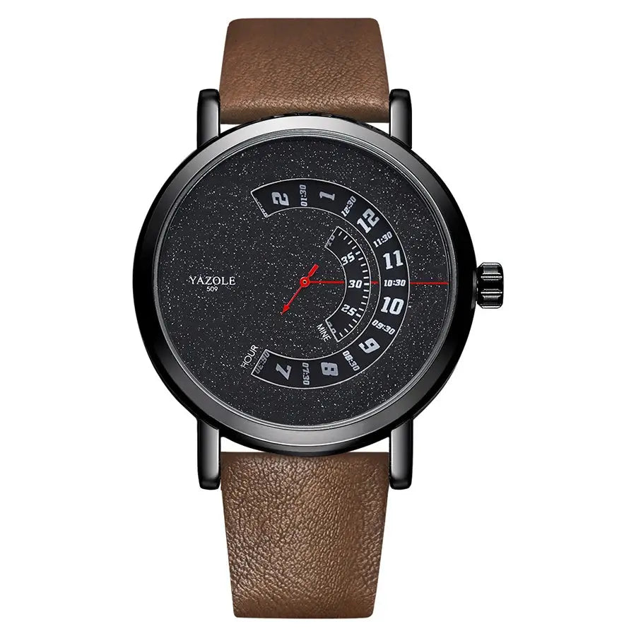 Yazole men's quartz watch with black textured dial and brown leather strap