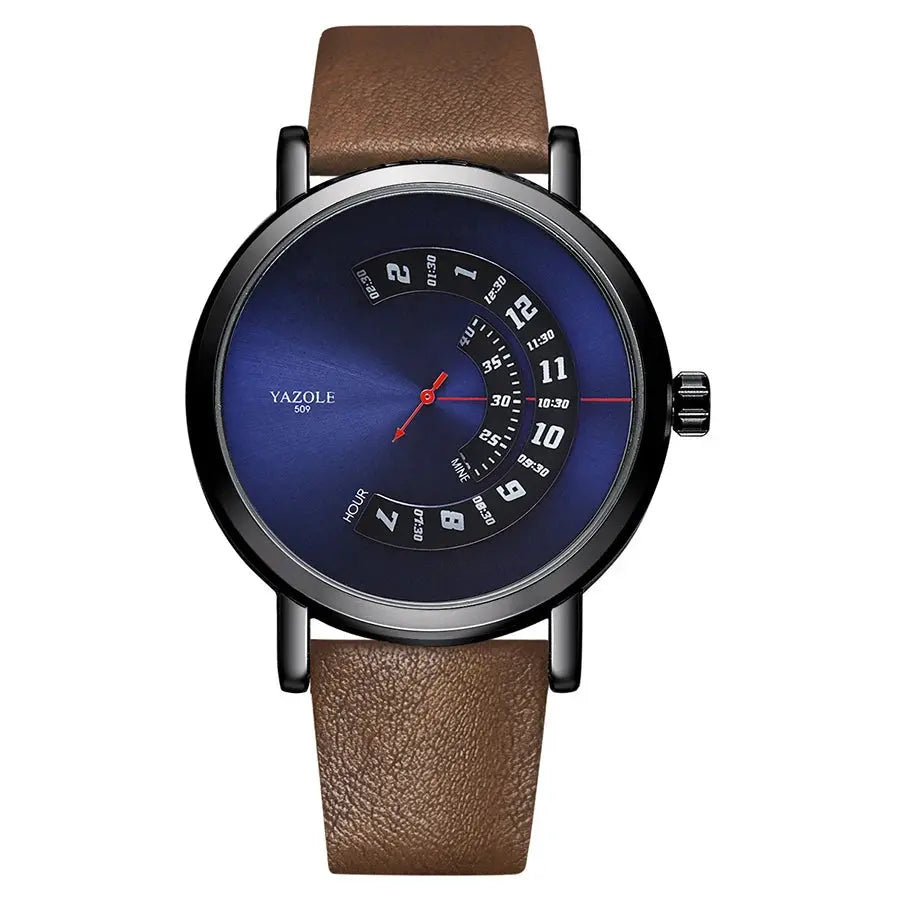 Yazole men's quartz watch with unique dial design and brown leather strap by Alcom Distribution