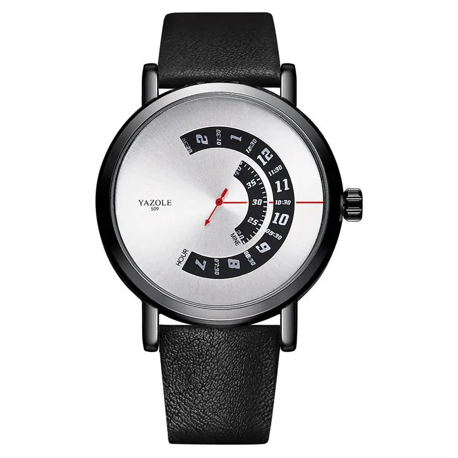 Yazole men's quartz watch with unique black and silver dial and black leather strap