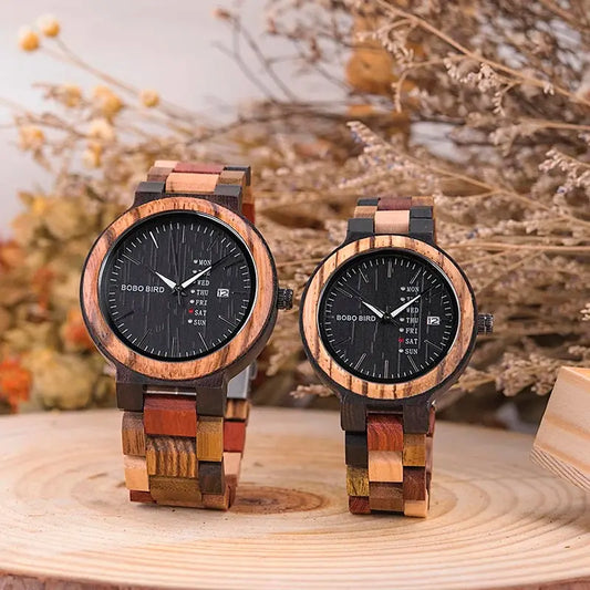 Pair of wooden watches on a wooden surface showcasing the benefits of wooden watches with natural design