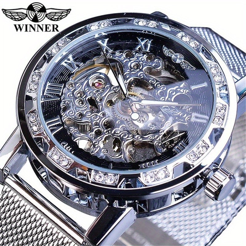 Men's Fashionable Rhinestone Accented Mechanical Watch - Hollow Mesh Strap, Water-Resistant, Stylish Timepiece for Formal Occasions - Ideal Gift for Him