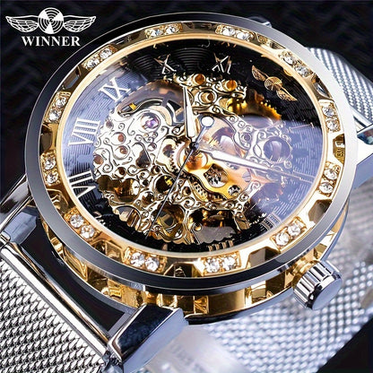 Men's Fashionable Rhinestone Accented Mechanical Watch - Hollow Mesh Strap, Water-Resistant, Stylish Timepiece for Formal Occasions - Ideal Gift for Him