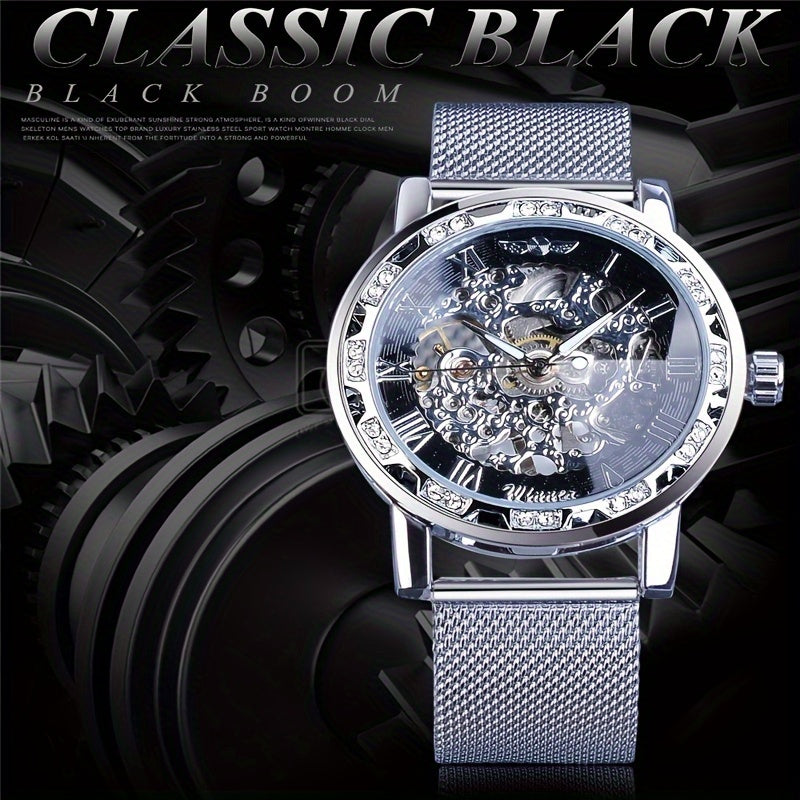 Men's Fashionable Rhinestone Accented Mechanical Watch - Hollow Mesh Strap, Water-Resistant, Stylish Timepiece for Formal Occasions - Ideal Gift for Him