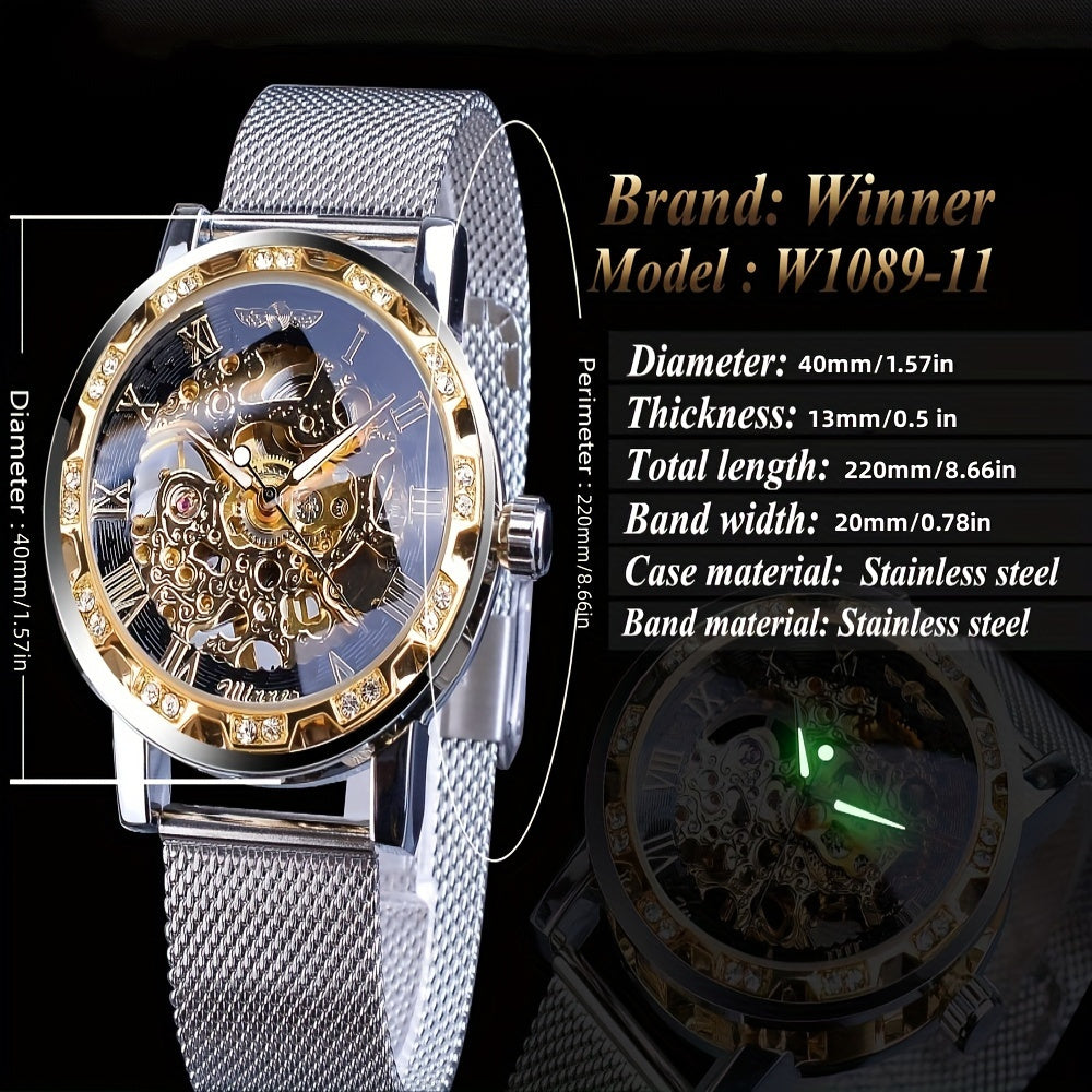 Men's Fashionable Rhinestone Accented Mechanical Watch - Hollow Mesh Strap, Water-Resistant, Stylish Timepiece for Formal Occasions - Ideal Gift for Him