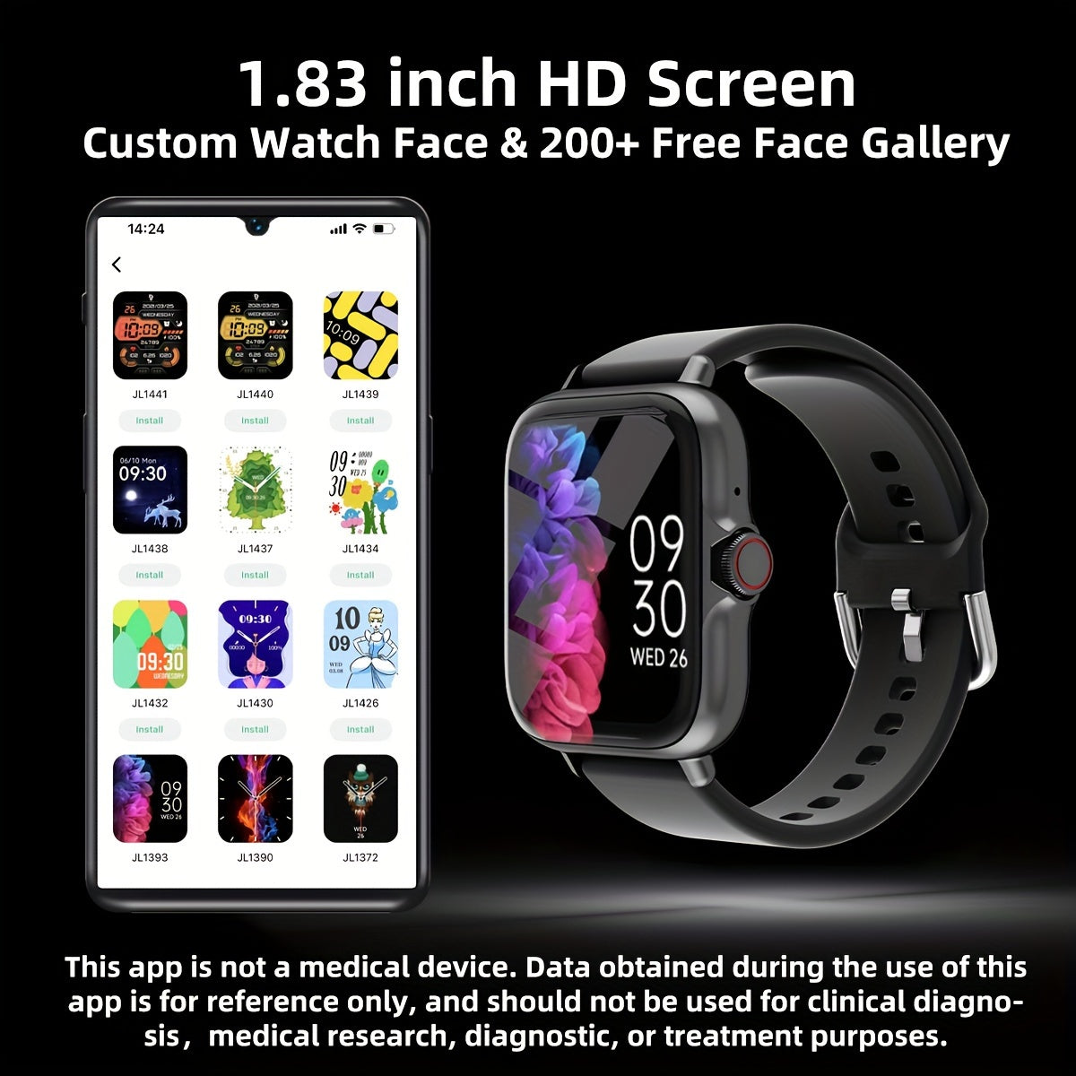 Waterproof Smart Watch 1.83'' Full Touch Screen Display USB Charging for iPhone Android with Sports Pedometer Sleep Monitoring Information Alerts