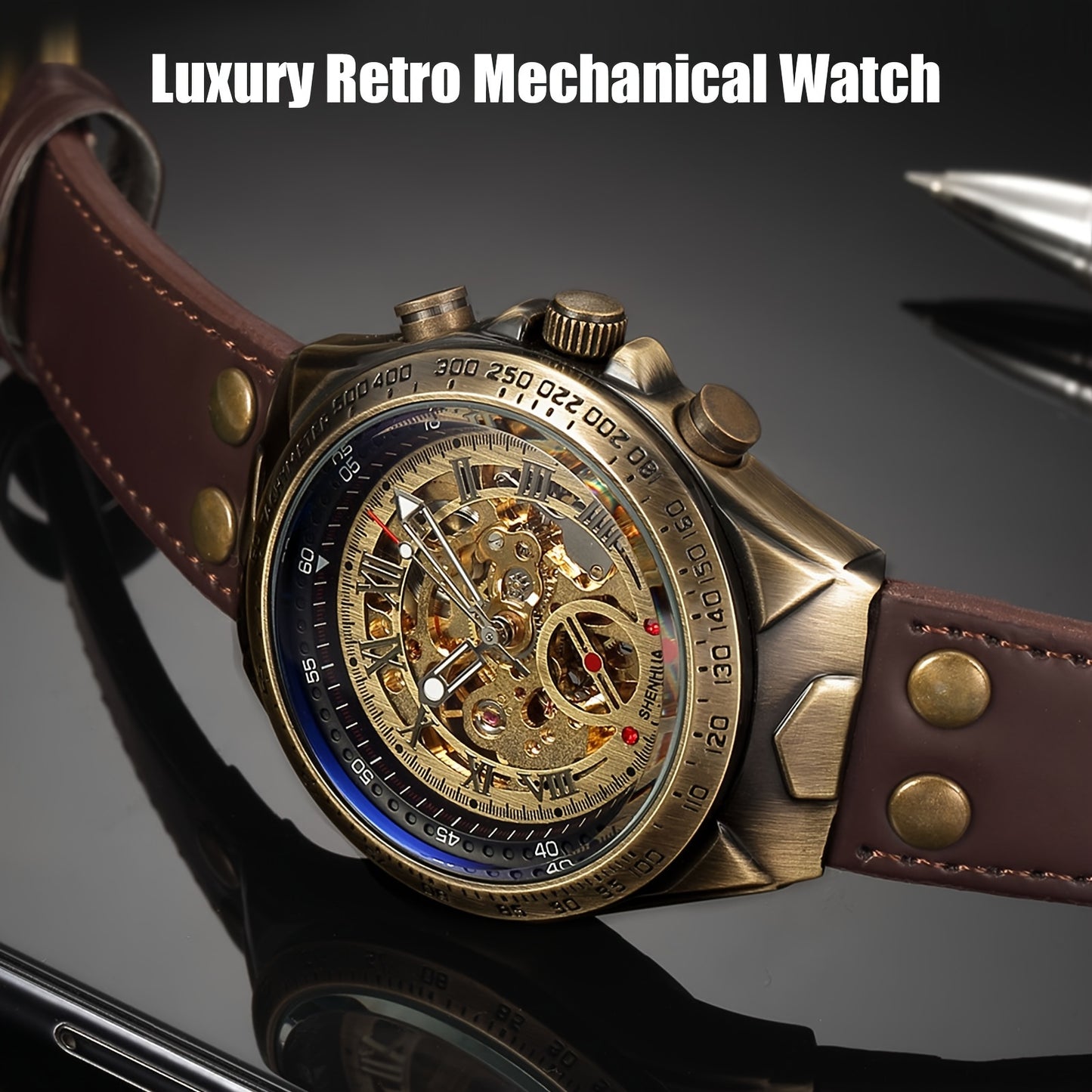 Automatic Mechanical Wristwatch, Men's Luxury Classic Wrist Watch, Retro Skeleton Dial Watch for Casual Fashion & Gift