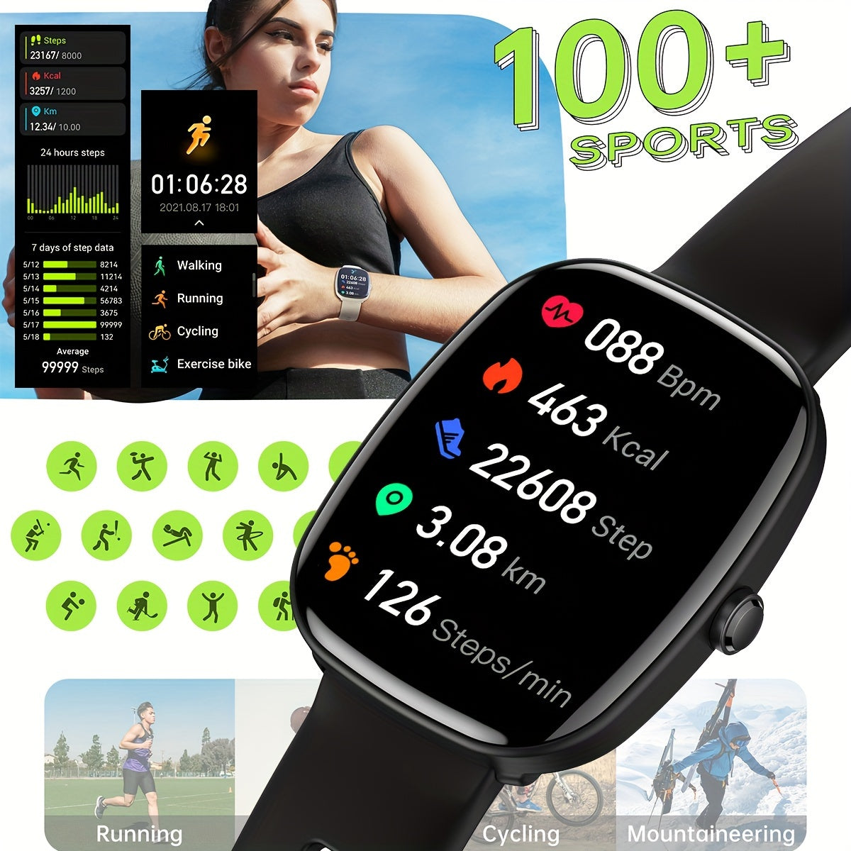 IP68 Waterproof Smartwatch with 1.83" Full Touch Display, Syncs with Smartphone, 300mAh USB Rechargeable Battery, Wireless 5.0, Sleep & Monitor, 100+ Exercise Modes, Compatible with iPhone & Android