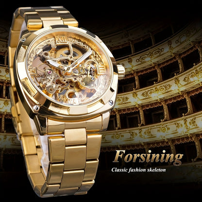 Forsining Mechanical Automatic Men's Watch: Luminous Hands, Skeleton Design, Stainless Steel Band, Retro Style, Non-Waterproof, Pointer Display, Round Case