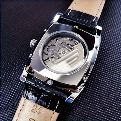 Business Fashion Sports Mechanical Watch For Men, With Hollow Flywheel Design, Stylish Square Watch