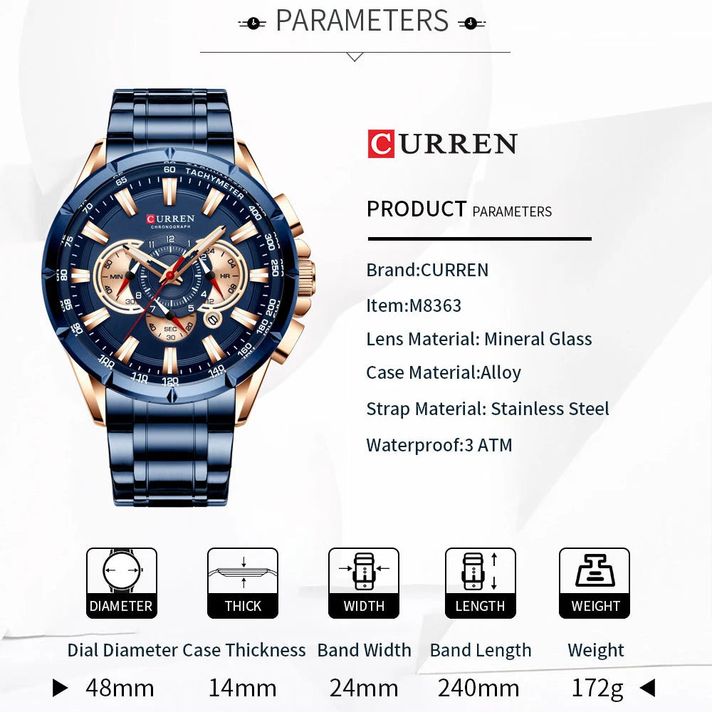 Curren Men's Luxury Chronograph Military Wristwatch Waterproof Quartz Movement